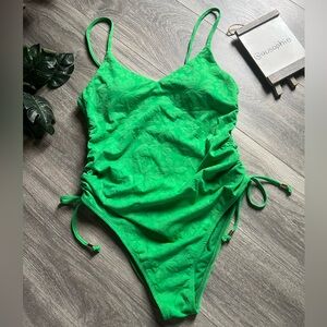 Miken Swim Vibrant Green Floral Jacquard Ruched One Piece Swimsuit. Size XL